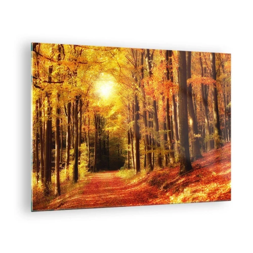 Schilderen op glas - Herfstbos badend in gouden zonlicht - 70x50cm - Gouden herfst op een bosweg - Moderne wanddecoratie voor woonkamer en slaapkamer ARTTOR
