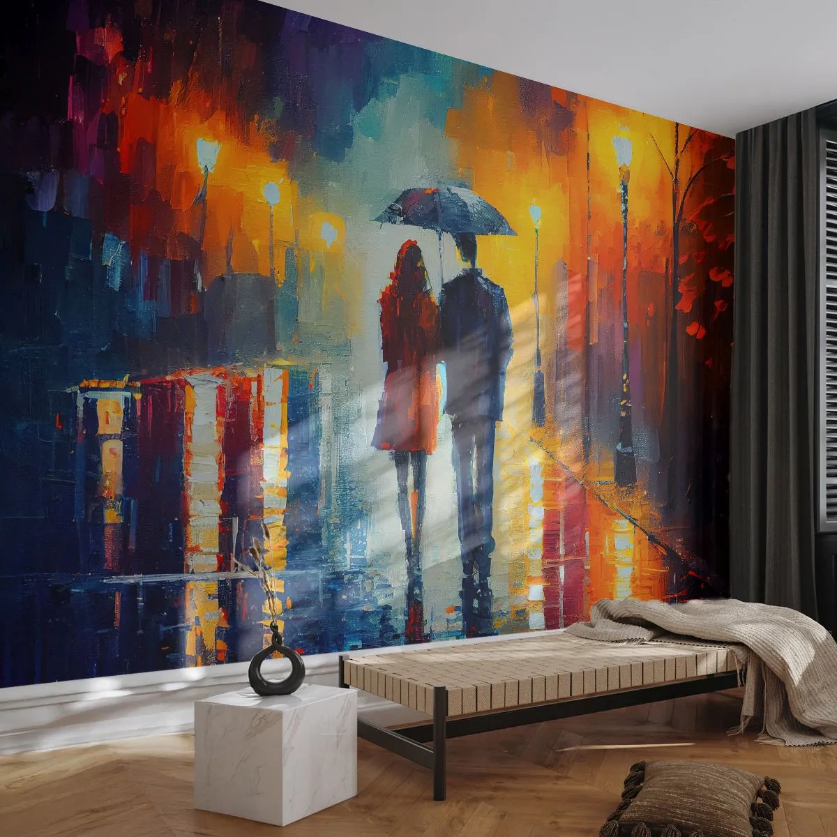 Fotobehang Premium Canvas - Samen – een kleurrijke nacht - Stel, Romantisch, Wandeling - 150x105 cm