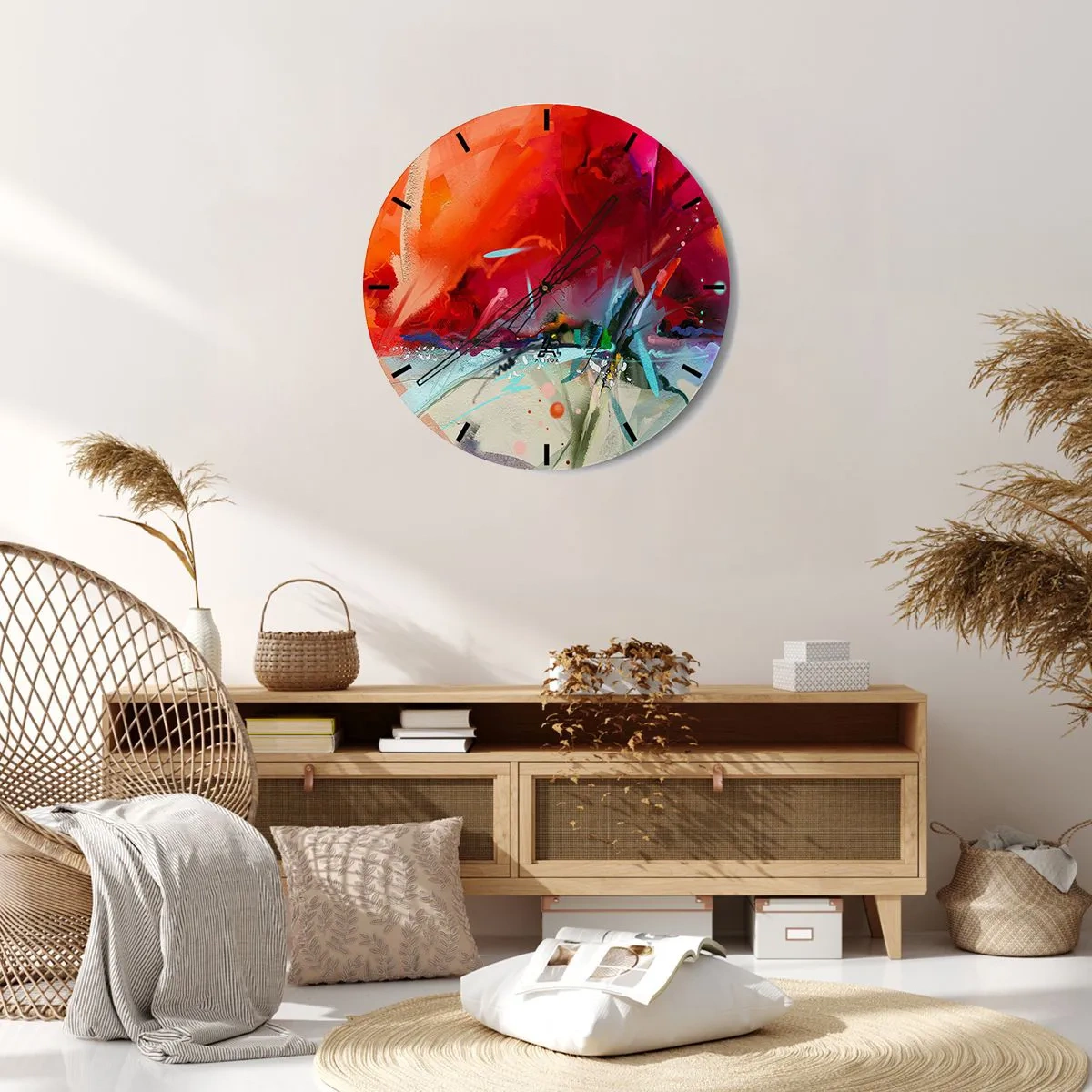 Wandklok - Klok - Een abstract spel van intense roodtinten en subtiele details - 30x30cm - Een explosie van licht en kleuren - Moderne wanddecoratie voor woonkamer, keuken en slaapkamer ARTTOR