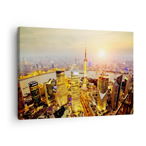 Schilderen op canvas - Stadspanorama met wolkenkrabbers bij zonsondergang - 70x50cm - Aziatische droom - Moderne wanddecoratie voor woonkamer en slaapkamer ARTTOR