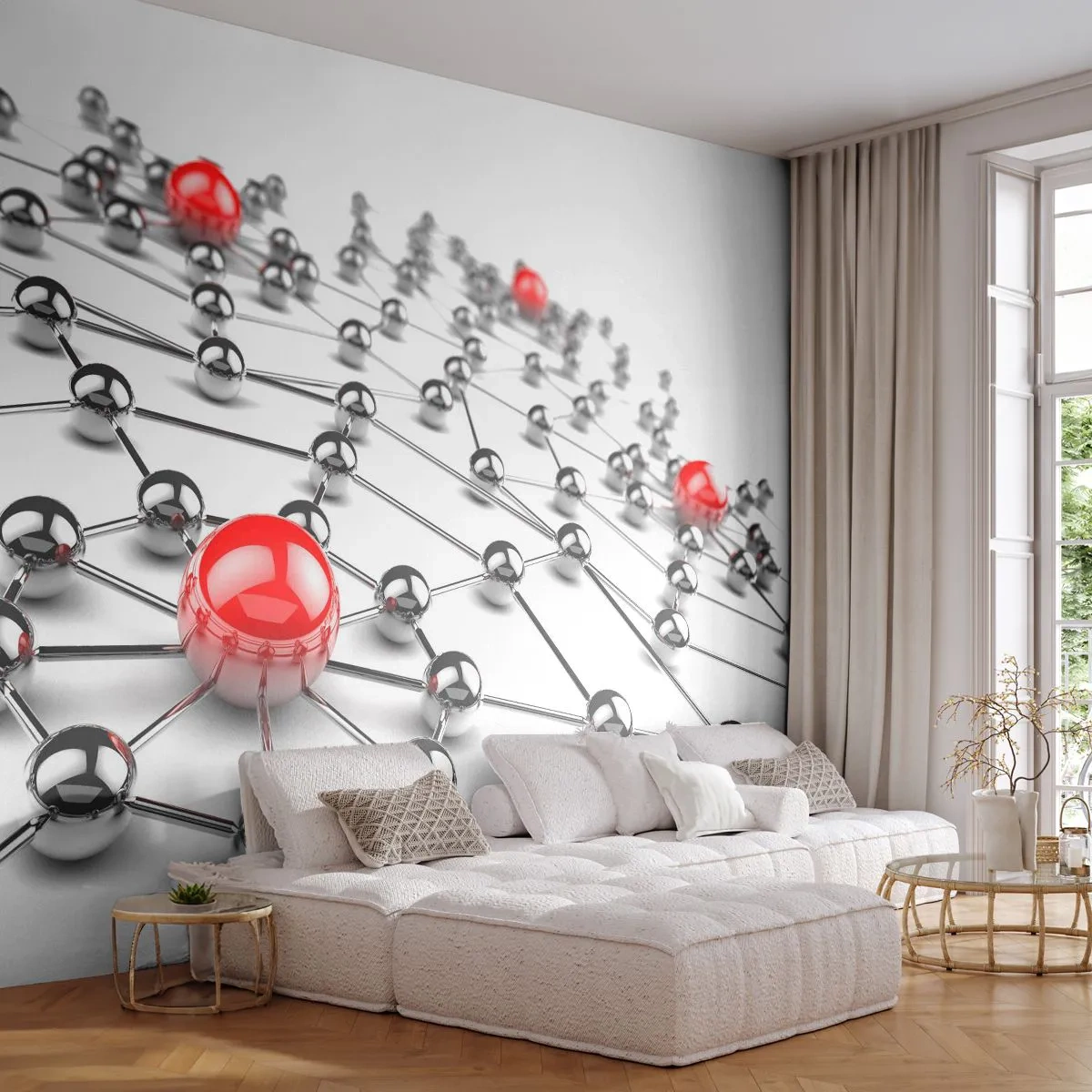 Zelfklevend Fotobehang Deluxe Sticker - Zilverachtig web - Abstractie, Metalen ballen, 3D - 250x175 cm