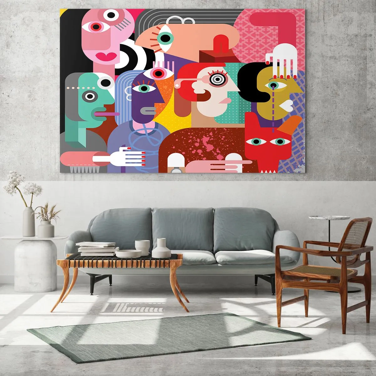 Schilderen op glas - Abstracte compositie van gezichten in levendige kleuren - 70x50cm - Wij zijn van de heer Picasso - Moderne wanddecoratie voor woonkamer en slaapkamer ARTTOR