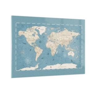 Schilderen op glas - Gestileerde wereldkaart op een blauwe achtergrond - 70x50cm - De wereld binnen handbereik - Moderne wanddecoratie voor woonkamer en slaapkamer ARTTOR