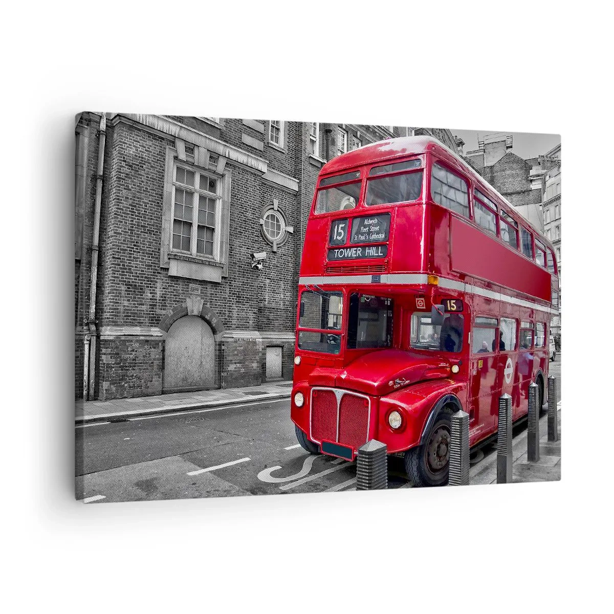 Schilderen op canvas - Een rode dubbeldekkerbus in Londen tegen een achtergrond van klassieke architectuur - 70x50cm - Altijd hetzelfde - Moderne wanddecoratie voor woonkamer en slaapkamer ARTTOR