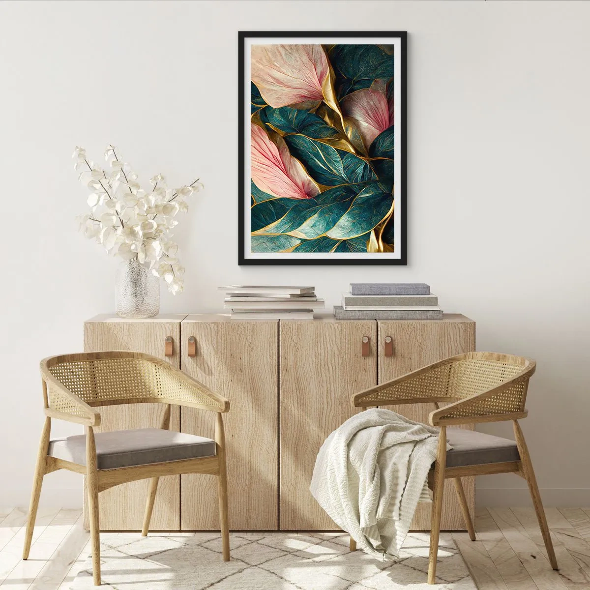 Poster in een zwarte lijst - Een elegante compositie van bladeren in tinten groen, goud en roze - 50x70cm - Natuurlijke elegantie en stijl - Moderne wanddecoratie voor woonkamer en slaapkamer ARTTOR