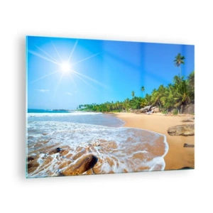 Schilderen op glas - Tropisch strand met palmbomen en golven onder een blauwe lucht - 70x50cm - Een exotische plek voor jou - Moderne wanddecoratie voor woonkamer en slaapkamer ARTTOR