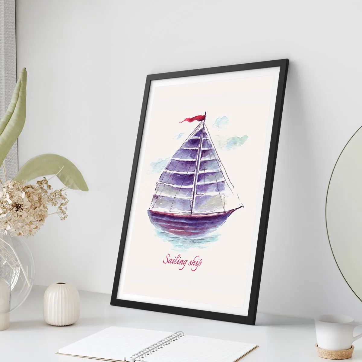 Poster in een zwarte lijst - Aquarelillustratie van een zeilschip op kalm water - 50x70cm - Volle zeilen en rustig water - Moderne wanddecoratie voor woonkamer en slaapkamer ARTTOR