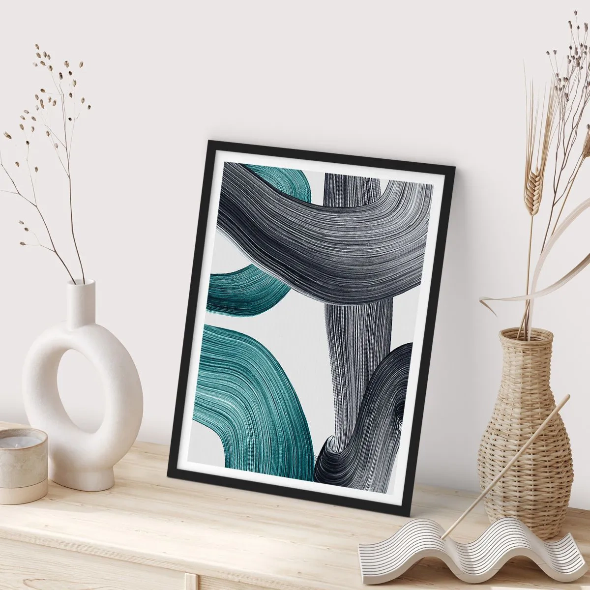 Poster in een zwarte lijst - Smaragdgroene en zwarte paden - 70x100 cm