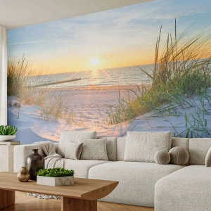 Fotobehang Premium Canvas - Het geluid van de zee, het zingen van vogels, een wild strand tussen het gras... - Landschap, Zee, Duinen - 200x140 cm