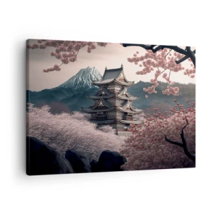 Schilderen op canvas - Een Japanse tempel omgeven door kersenbloesems en bergen - 70x50cm - Het land van de kersenbloesem - Moderne wanddecoratie voor woonkamer en slaapkamer ARTTOR