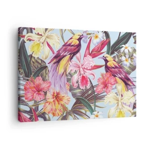 Schilderen op canvas - Exotische vogels tussen tropische bloemen - 70x50cm - Bloemblaadjes en veren - Moderne wanddecoratie voor woonkamer en slaapkamer ARTTOR