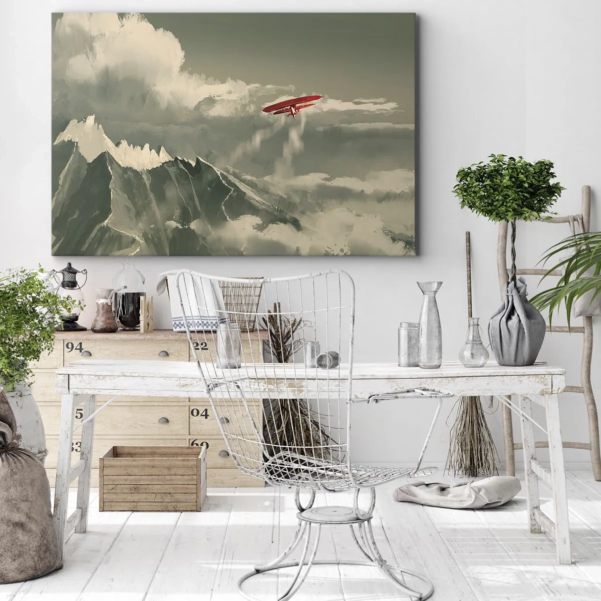 Schilderen op canvas - Rood vliegtuig boven met sneeuw bedekte bergen - 70x50cm - Onverschrokken pionier - Moderne wanddecoratie voor woonkamer en slaapkamer ARTTOR