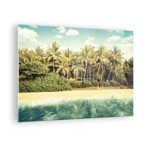 Schilderen op glas - Een exotisch strand met palmbomen en een turquoise zee op een zonnige dag - 70x50cm - Hoe zit het hier? - Moderne wanddecoratie voor woonkamer en slaapkamer ARTTOR