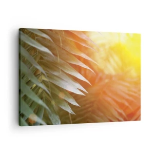 Schilderen op canvas - Palmbladeren in de stralen van de zonsondergang - 70x50cm - Ochtend in de jungle - Moderne wanddecoratie voor woonkamer en slaapkamer ARTTOR