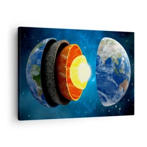 Schilderen op canvas - Een dwarsdoorsnede van de aarde, waarbij de verschillende lagen in de ruimte zichtbaar zijn. - 70x50cm - Reis naar het binnenste van de aarde - Moderne wanddecoratie voor woonkamer en slaapkamer ARTTOR