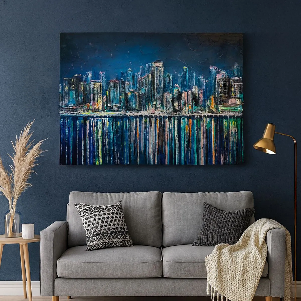 Schilderen op canvas - Panorama van de nachtelijke stad weerspiegeld in het water - 70x50cm - Cascade van lichten - Moderne wanddecoratie voor woonkamer en slaapkamer ARTTOR