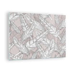 Schilderen op glas - Zwart-witte bladeren op een beige achtergrond in een grafische stijl - 70x50cm - Een verenwerveling - Moderne wanddecoratie voor woonkamer en slaapkamer ARTTOR