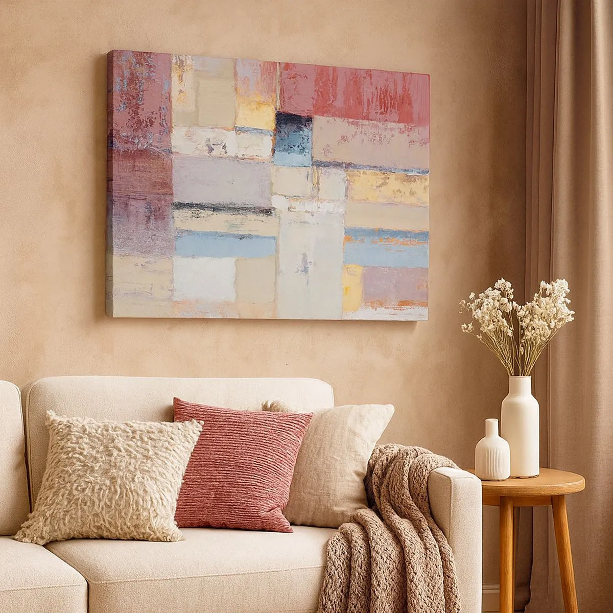 Schilderen op canvas - Geometrische compositie in pastelkleuren - 70x50cm - De rust van geometrie - Moderne wanddecoratie voor woonkamer en slaapkamer ARTTOR