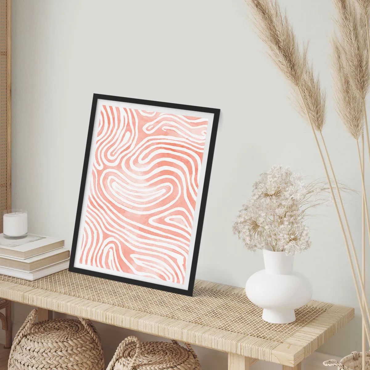 Poster in een zwarte lijst - Abstracte lijnen in tinten zalm en wit - 50x70cm - In het koraallabyrint - Moderne wanddecoratie voor woonkamer en slaapkamer ARTTOR