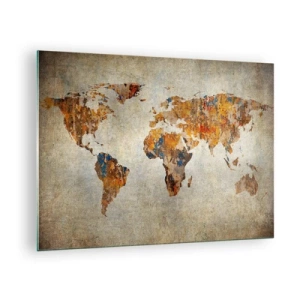 Schilderen op glas - Artistieke wereldkaart in warme tinten - 70x50cm - Een hele grote wereld - Moderne wanddecoratie voor woonkamer en slaapkamer ARTTOR