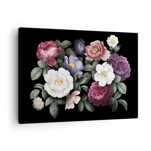Schilderen op canvas - Bloemen in verschillende kleuren op een zwarte achtergrond - 70x50cm - Uit de Engelse tuin - Moderne wanddecoratie voor woonkamer en slaapkamer ARTTOR