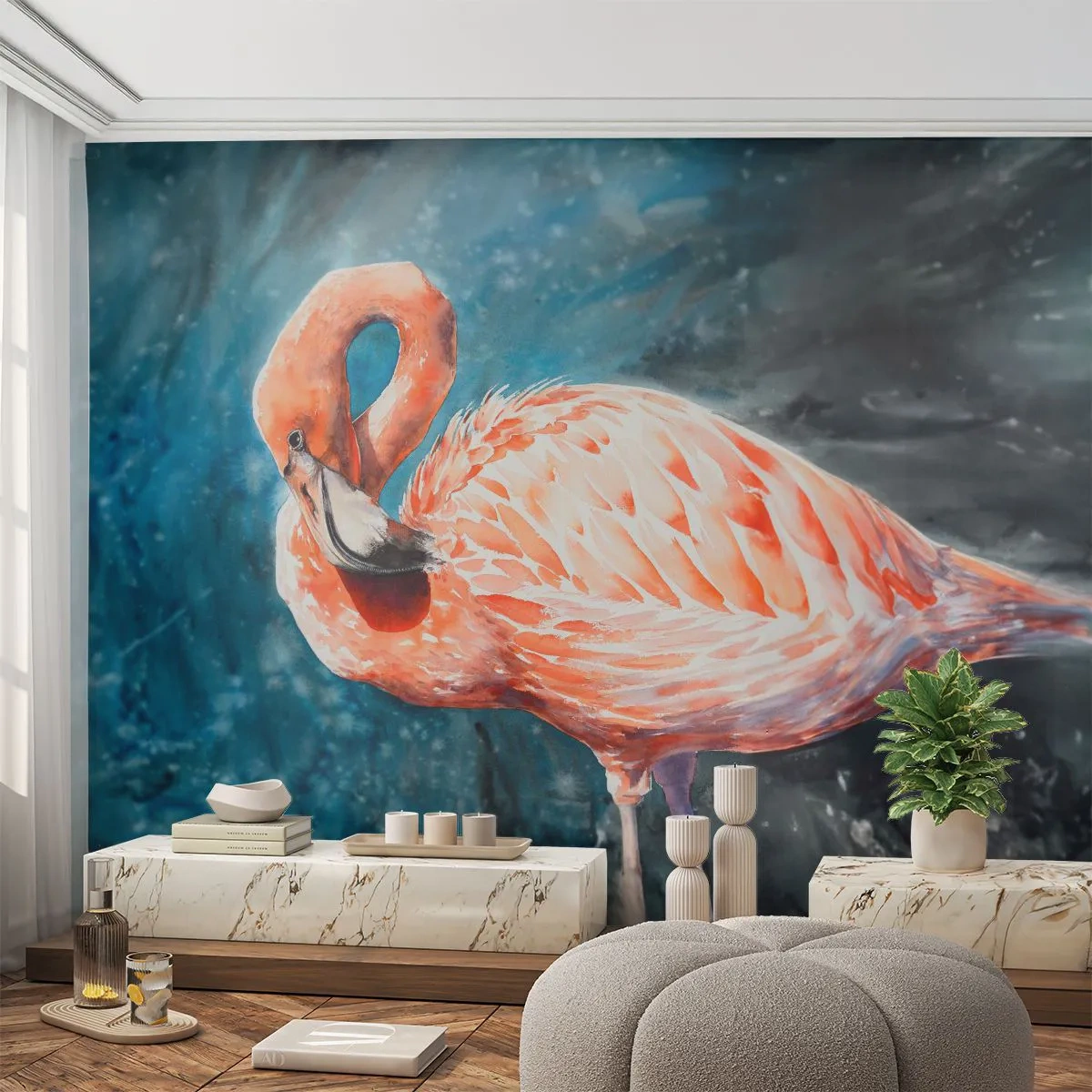 Fotobehang Premium Sand - Decoratief van aard - Flamingo, Vogel, Natuur - 100x70 cm