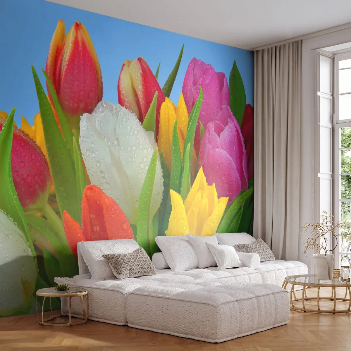 Fotobehang Premium Sand - Een bloemenregenboog in dauwdruppels - Tulpen, Bloemen, Boeket bloemen - 450x315 cm