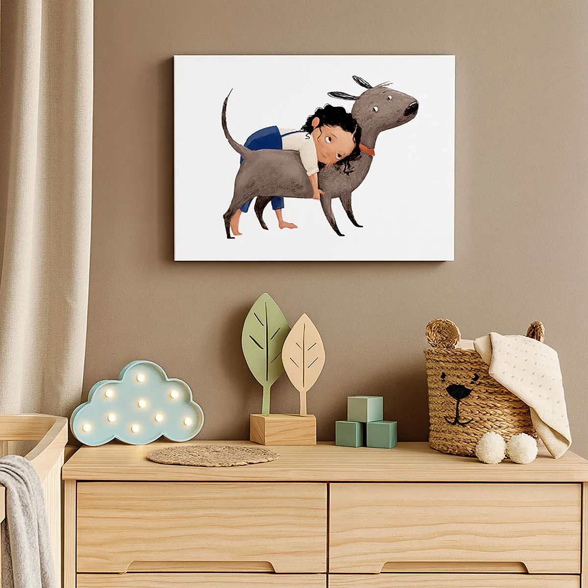 Schilderen op canvas - Cartoonachtige illustratie van een kind dat een hond knuffelt - 70x50cm - Beste vrienden - Moderne wanddecoratie voor woonkamer en slaapkamer ARTTOR