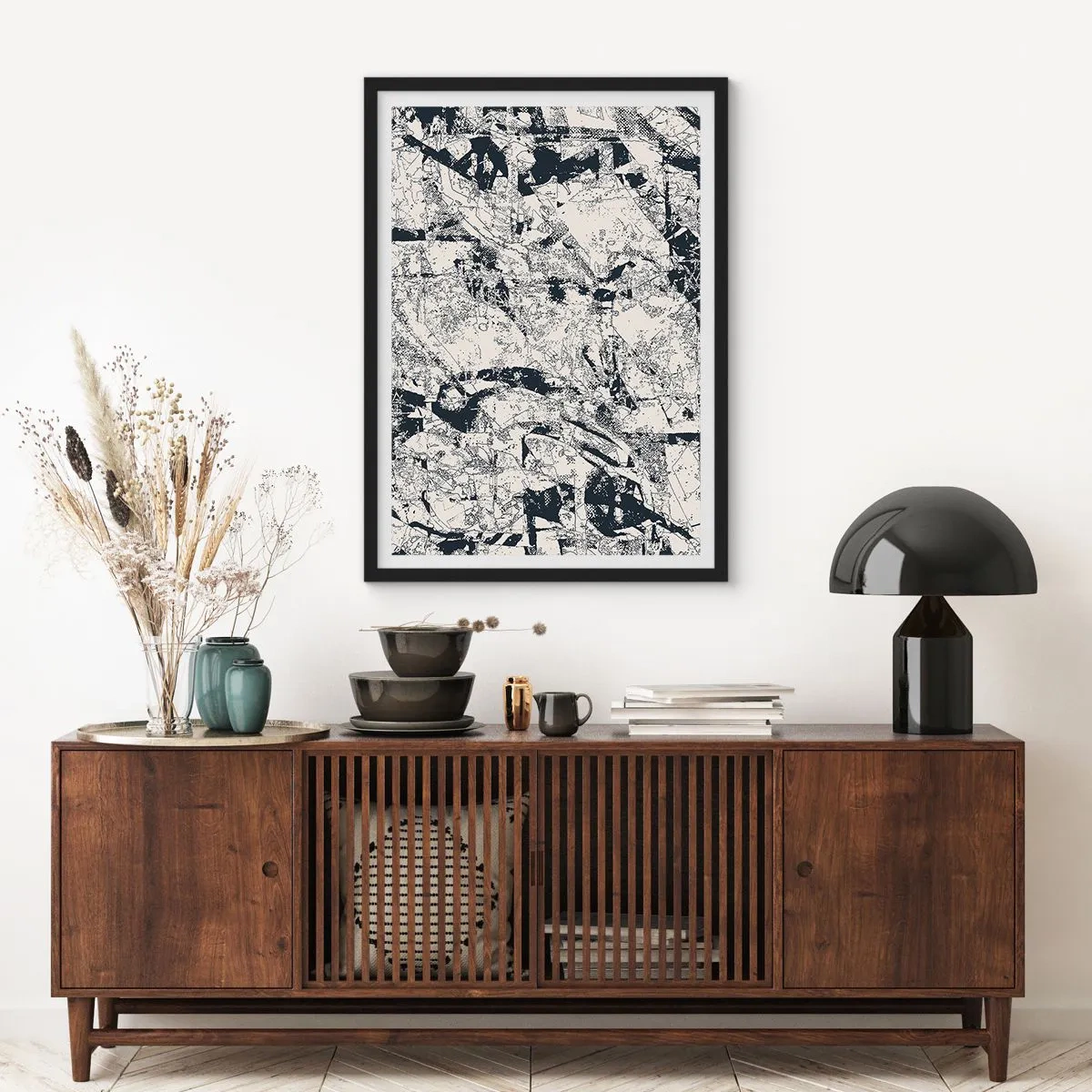 Poster in een zwarte lijst - Abstracte zwart-wit textuurcompositie - 50x70cm - Interpenetratie van tegenstellingen - Moderne wanddecoratie voor woonkamer en slaapkamer ARTTOR