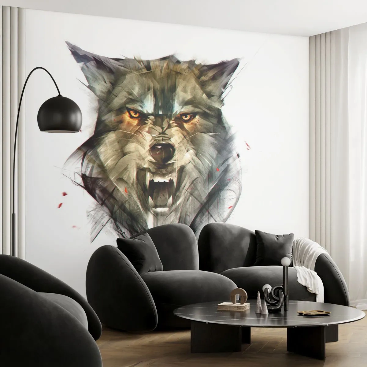 Zelfklevend Fotobehang Deluxe Sticker - Blijf staan! - Abstractie, Dieren, Wolf - 400x280 cm