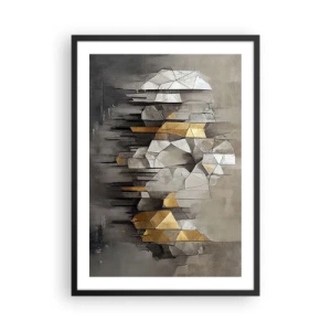 Poster in een zwarte lijst - Geometrische abstractie in tinten grijs en goud - 50x70cm - Compositie van ijs en licht - Moderne wanddecoratie voor woonkamer en slaapkamer ARTTOR