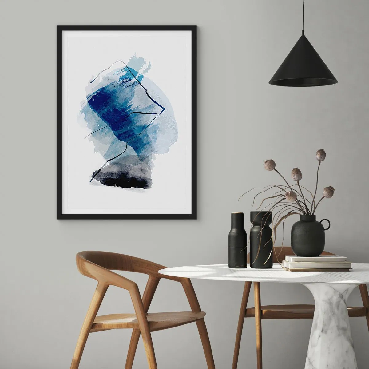 Poster in een zwarte lijst - Abstractie in tinten blauw met zwarte lijnen - 50x70cm - Ijsberg - Moderne wanddecoratie voor woonkamer en slaapkamer ARTTOR
