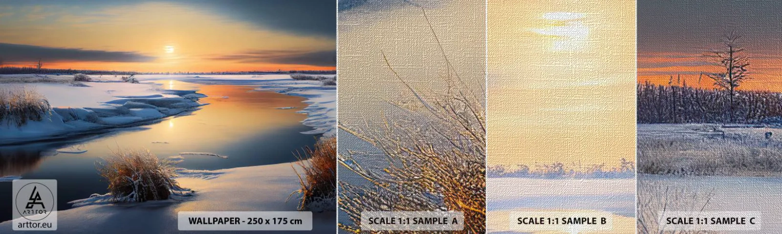 Fotobehang Monster Premium Canvas - Winterse zonsondergang - Winter, Rivier, Landschap - 100x30 cm
