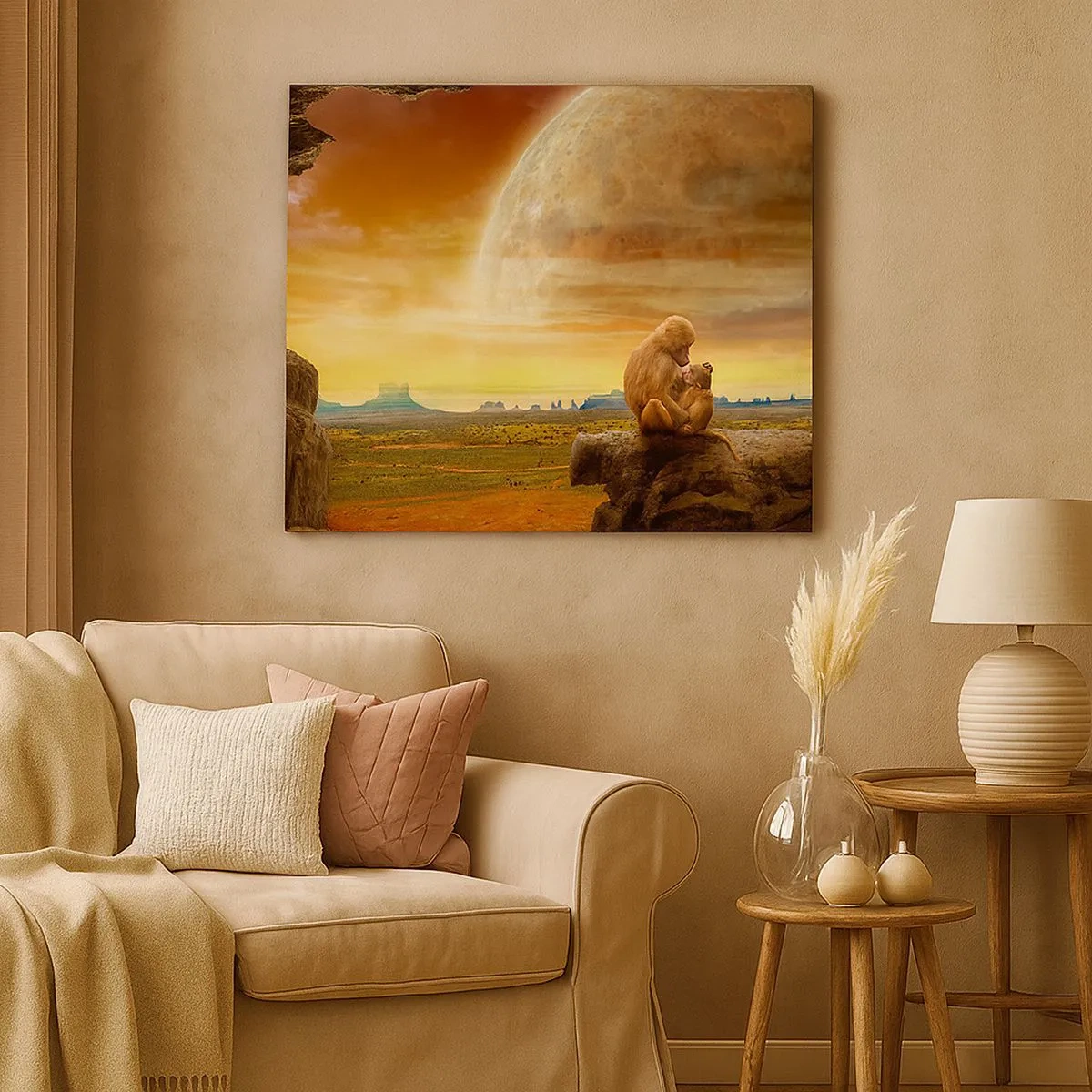 Schilderen op canvas - Apen zitten op een rots in een surrealistisch landschap met een gigantische planeet - 70x50cm - De liefde is overal hetzelfde - Moderne wanddecoratie voor woonkamer en slaapkamer ARTTOR