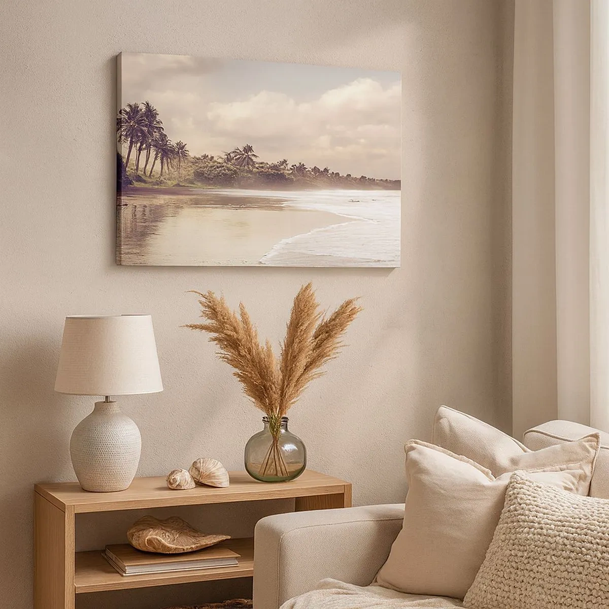 Schilderen op canvas - Een strand met palmbomen en zachte golven in de ochtend - 70x50cm - De streling van de golven - Moderne wanddecoratie voor woonkamer en slaapkamer ARTTOR
