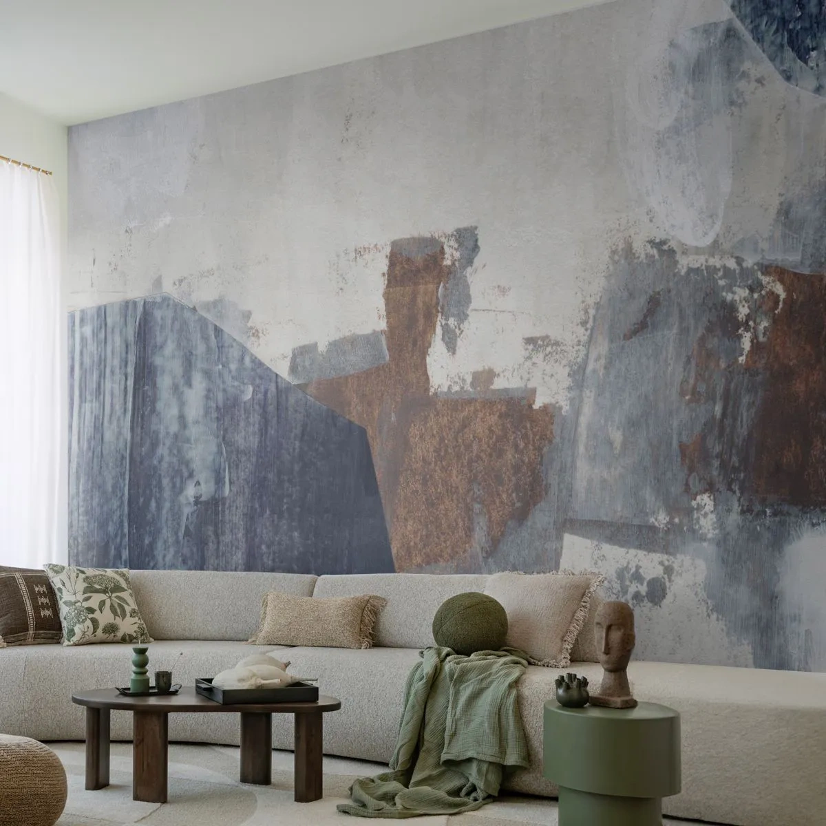 Fotobehang Premium Sand - Blauwe en bruine vormen - Deel, Abstractie, Minimalisme - 300x210 cm