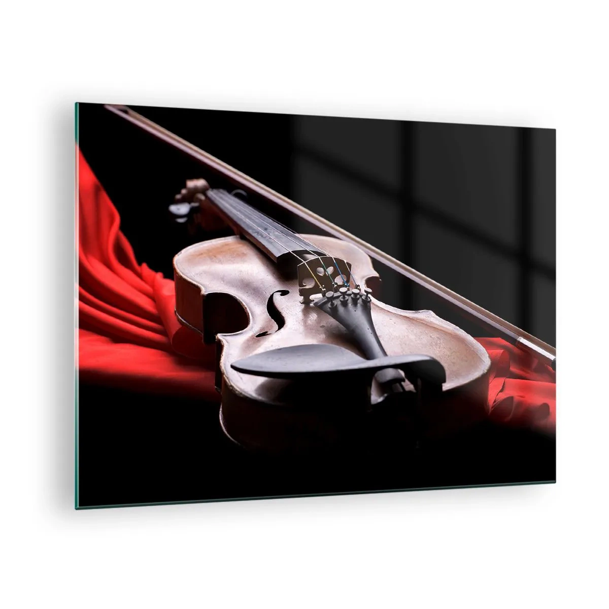 Schilderen op glas - Viool op rode stof tegen een zwarte achtergrond - 70x50cm - Muziek van gevoelens - Moderne wanddecoratie voor woonkamer en slaapkamer ARTTOR
