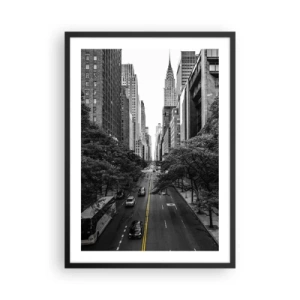 Poster in een zwarte lijst - Zwart-wit stadsgezicht met een gele lijn op de weg - 50x70cm - New York ochtend - Moderne wanddecoratie voor woonkamer en slaapkamer ARTTOR