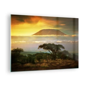 Schilderen op glas - De Kilimanjaro, omringd door wolken tegen de achtergrond van de Afrikaanse savanne - 70x50cm - Een reizigersdroom - Moderne wanddecoratie voor woonkamer en slaapkamer ARTTOR