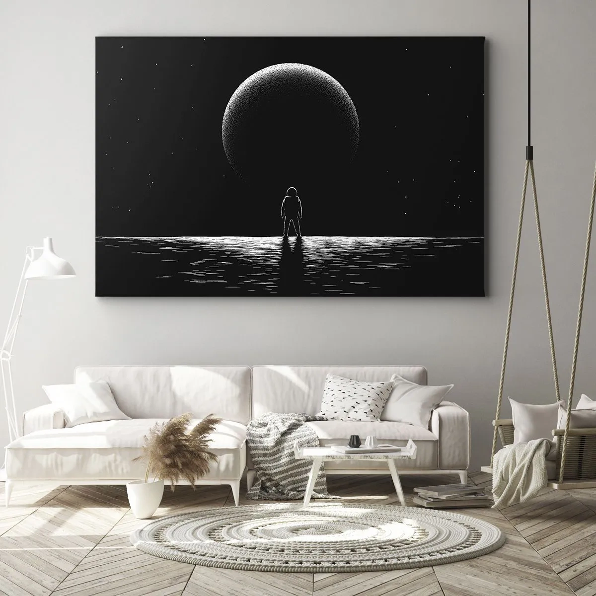 Schilderen op canvas - Een astronaut tegen de achtergrond van een grote planeet in de ruimte - 70x50cm - Oog in oog - Moderne wanddecoratie voor woonkamer en slaapkamer ARTTOR