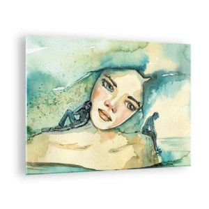 Schilderen op glas - Portret van een vrouw in aquarelstijl met silhouetten van figuren - 70x50cm - Ben ik blauw? - Moderne wanddecoratie voor woonkamer en slaapkamer ARTTOR