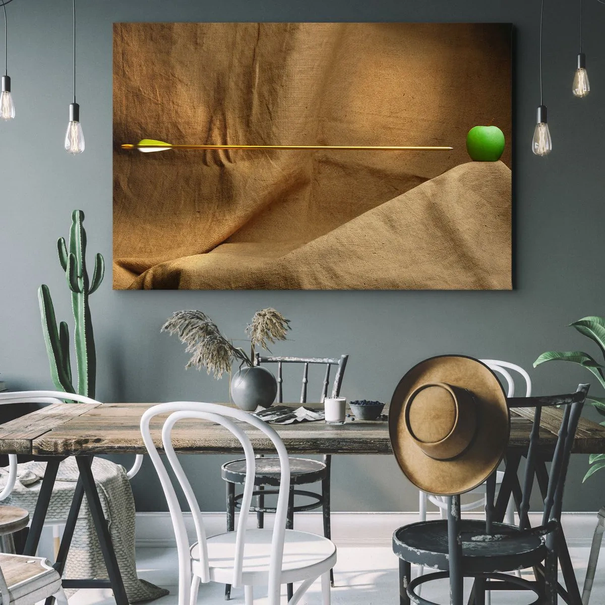 Schilderen op canvas - Groene appel op stof met een pijl die een compositie creëert - 70x50cm - Roep de geest van William Tell op - Moderne wanddecoratie voor woonkamer en slaapkamer ARTTOR