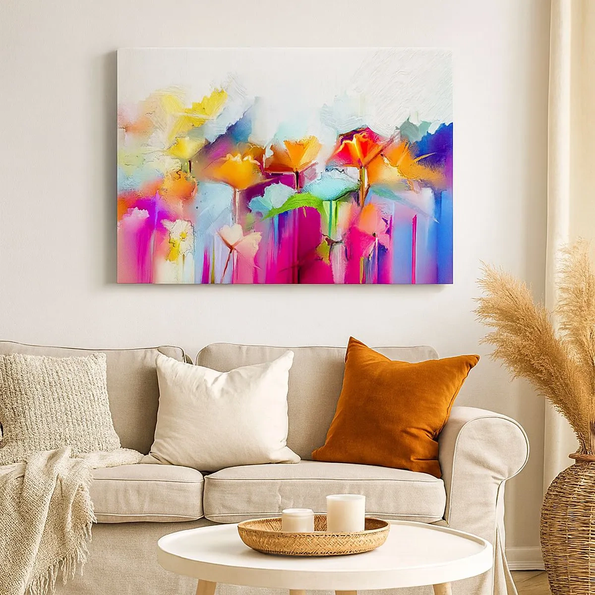 Schilderen op canvas - Abstracte kleurrijke bloemen op een lichte achtergrond - 70x50cm - De regenboog is tot bloei gekomen - Moderne wanddecoratie voor woonkamer en slaapkamer ARTTOR