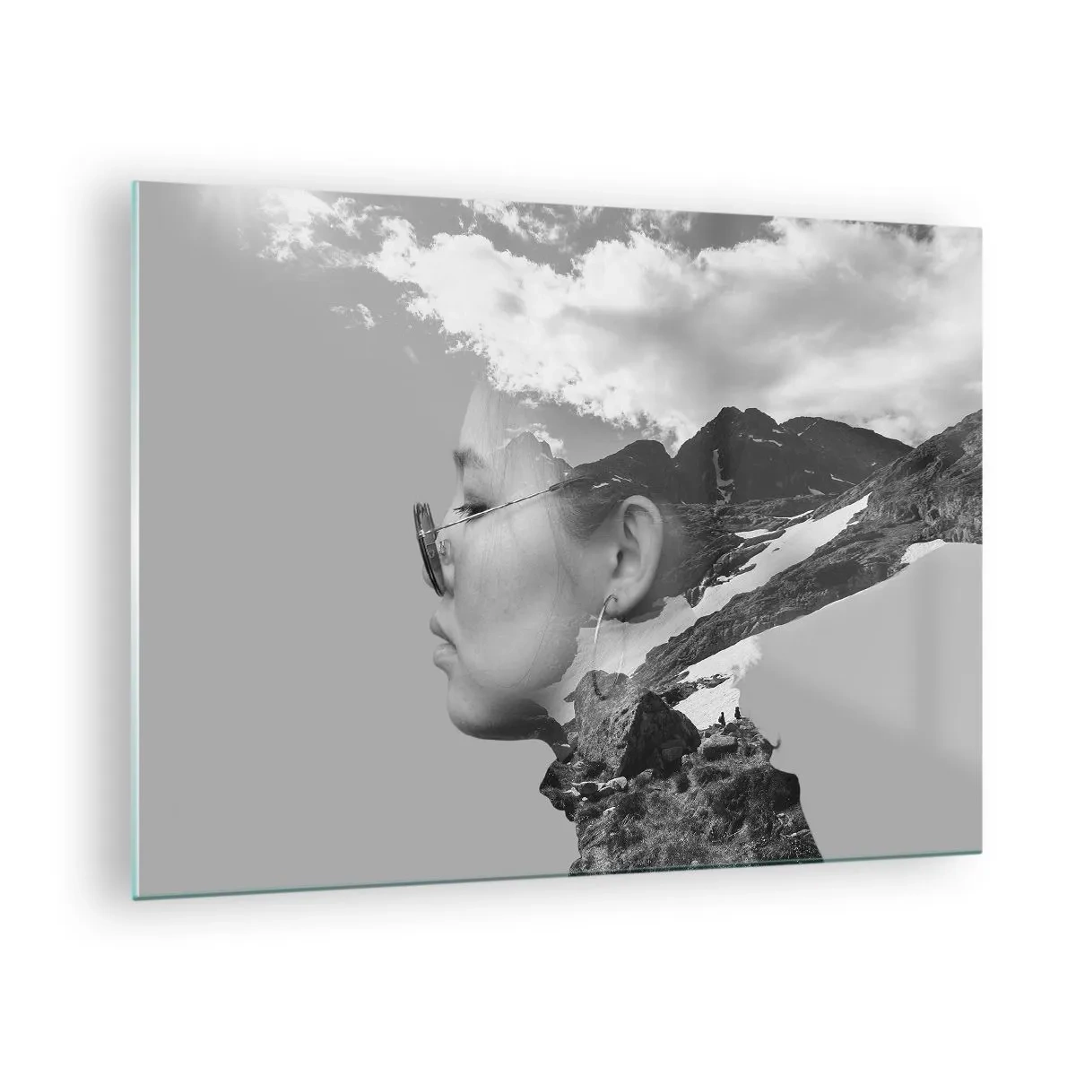 Schilderen op glas - Een creatief dubbelbelicht portret met een berglandschap en wolken - 70x50cm - Top en bewolkt portret - Moderne wanddecoratie voor woonkamer en slaapkamer ARTTOR