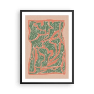 Poster in een zwarte lijst - Abstract bladpatroon in tinten groen en terracotta - 50x70cm - De strijd tussen koraal en groen - Moderne wanddecoratie voor woonkamer en slaapkamer ARTTOR