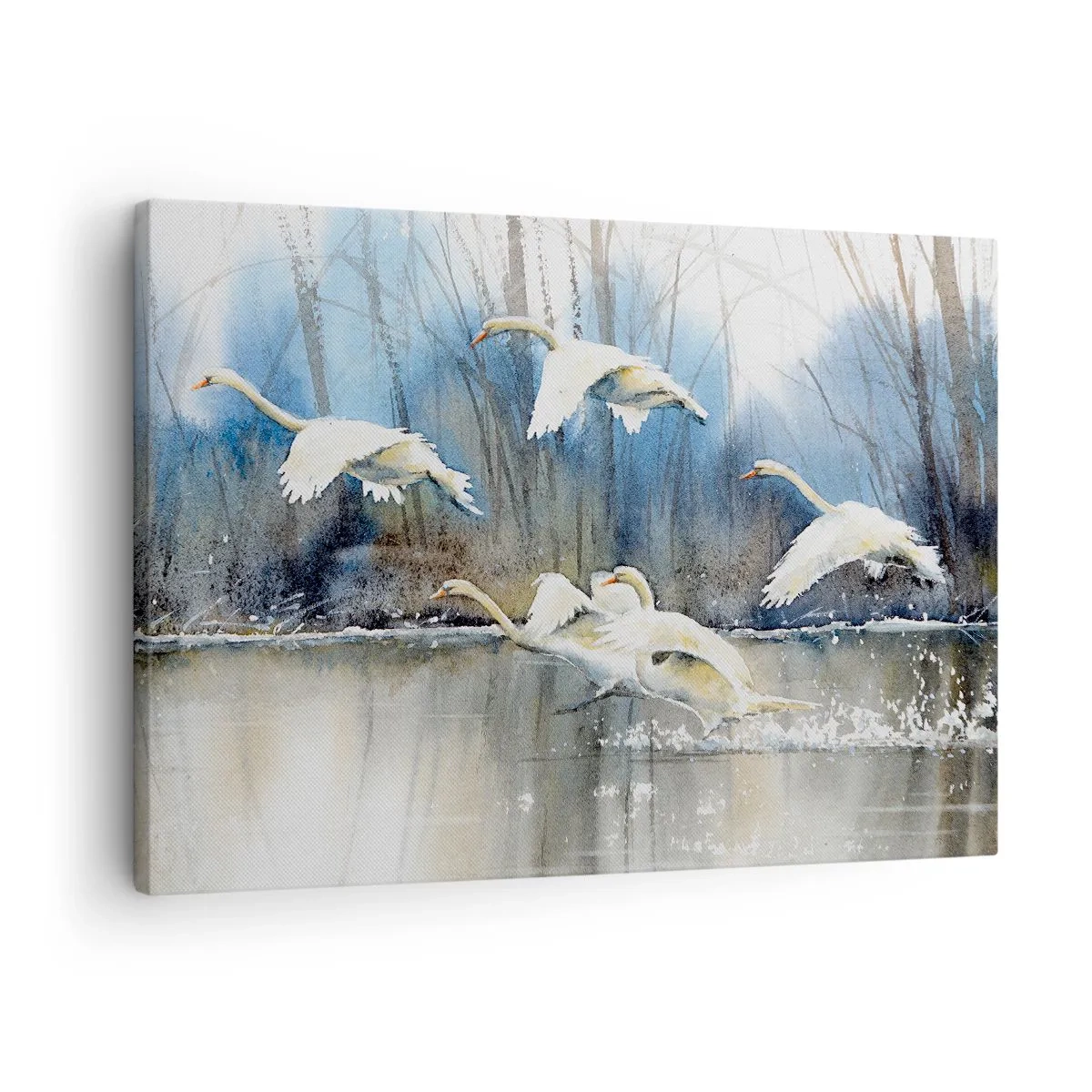 Schilderen op canvas - Zwanen in vlucht over een bevroren meer in een winterlandschap - 70x50cm - Zoals in het sprookje over wilde zwanen - Moderne wanddecoratie voor woonkamer en slaapkamer ARTTOR