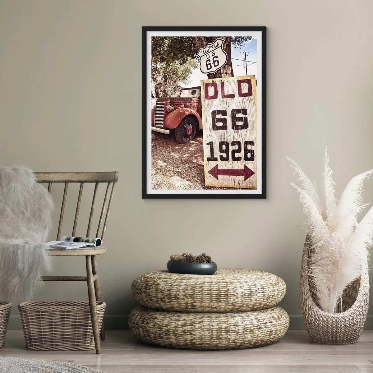 Poster in een zwarte lijst - Oldtimer bij het Route 66-bord - 50x70cm - Een legende van de Amerikaanse provincie - Moderne wanddecoratie voor woonkamer en slaapkamer ARTTOR