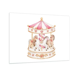 Schilderen op glas - Een roze draaimolen met kinderpaarden op een witte achtergrond - 70x50cm - De zoete kinderwereld - Moderne wanddecoratie voor woonkamer en slaapkamer ARTTOR