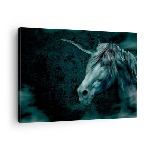 Schilderen op canvas - Een magische eenhoorn in een mysterieus, donker bos met fantasiekleuren. - 70x50cm - In een sprookjesbos - Moderne wanddecoratie voor woonkamer en slaapkamer ARTTOR