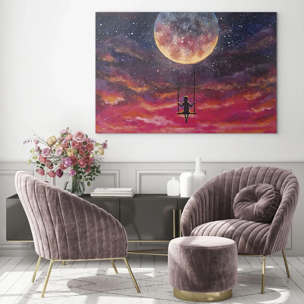 Schilderen op glas - Een meisje op een schommel onder de maan - 70x50cm - Droom - Moderne wanddecoratie voor woonkamer en slaapkamer ARTTOR